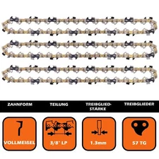 3 saw chains 3/8 1.3mm 57 TG for full chisels compatible with Dolmar, Einhell