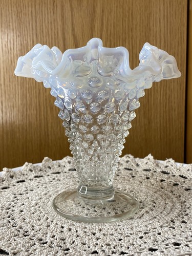 Fenton Art Glass Moonstone Vase ~ French White Opalescent Hobnail Ruffled Vase - Picture 8 of 8