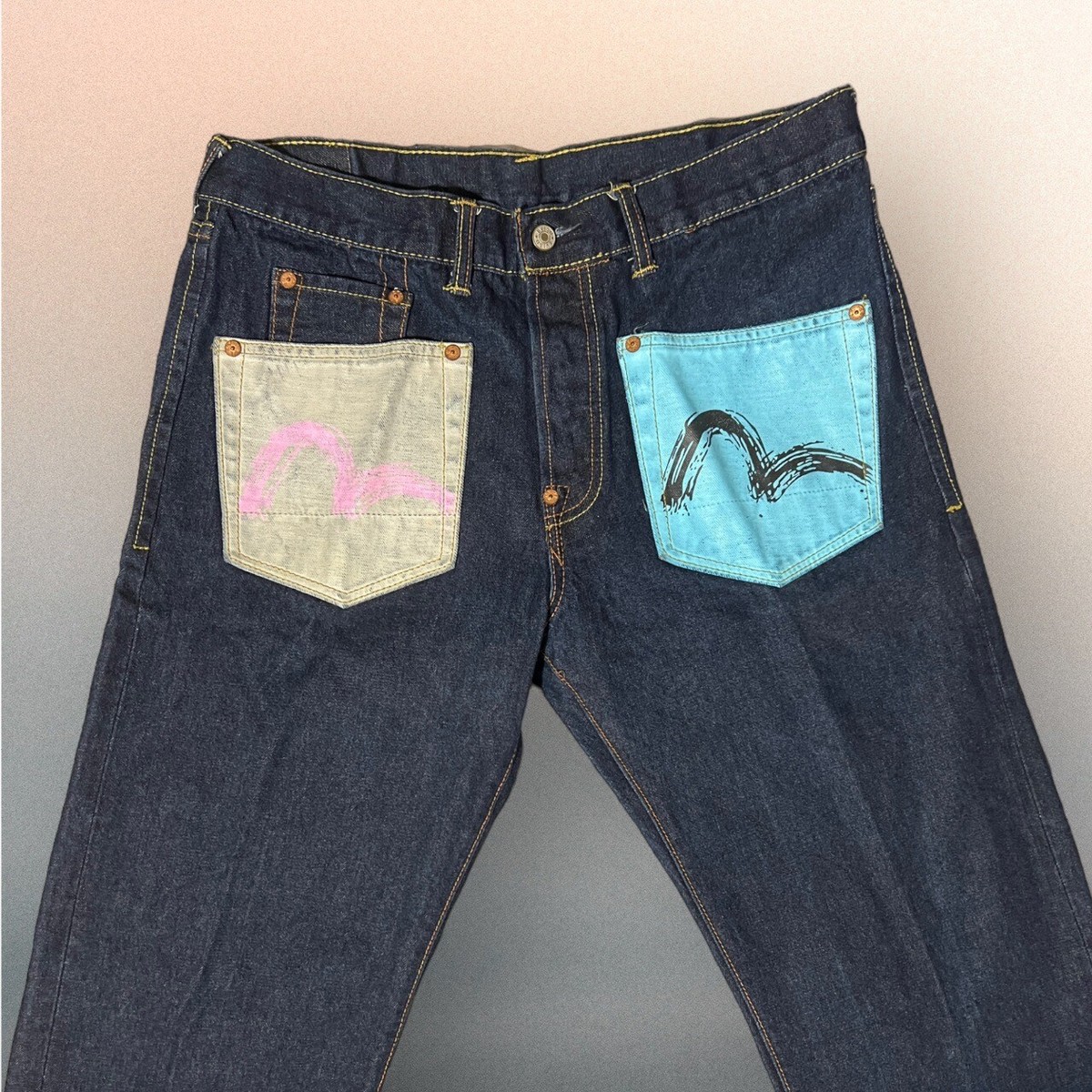 Denim Jeans EVISU Double Back Pockets Size 36 (36x34) Button Denim Jeans EVISU Double Back Pockets Size 36 (36x34) Button