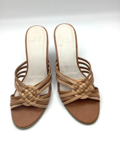 Wallis Womens Ladies Tan Leather Wedge Heel Strappy Mule Sandals Size UK 6 Used - Picture 2 of 14
