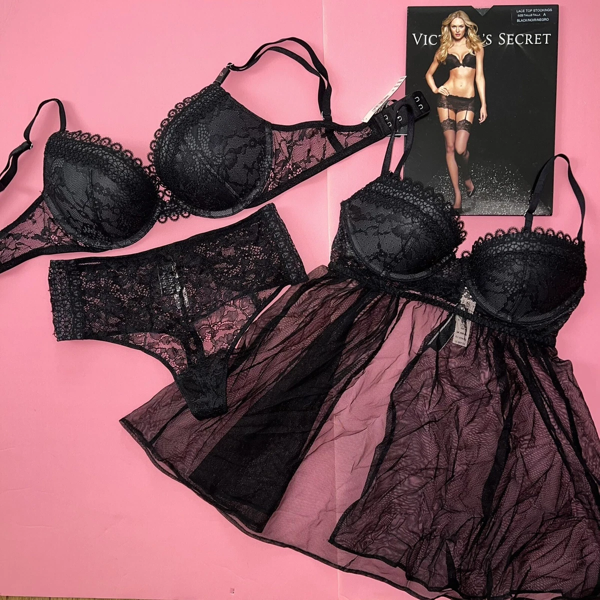 Victoria's Secret 32C BRA SET+high-waist thong+BABYDOLL BLACK lace  embroidered