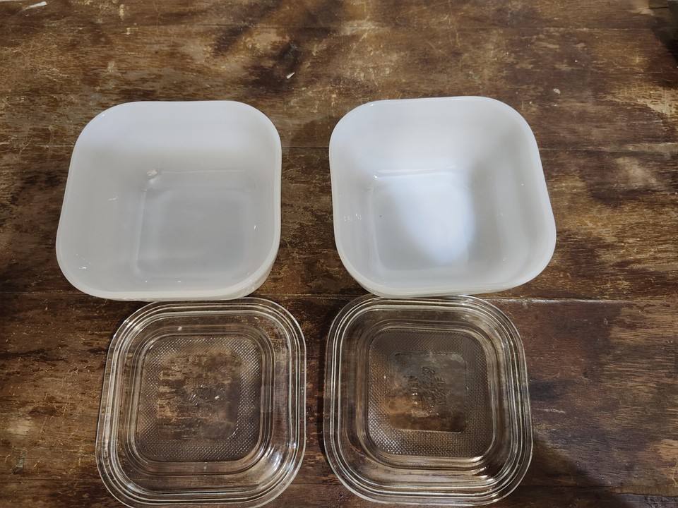 VTG MCM Fire King White Milk Glass Oven Refrigerator Ware Dish Pair Set