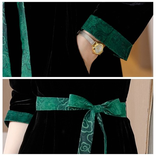 Lady Velvet Velour Dress Long Sleeve Midi Waist Belt Lace-up Party Workwear Chic - Picture 7 of 7