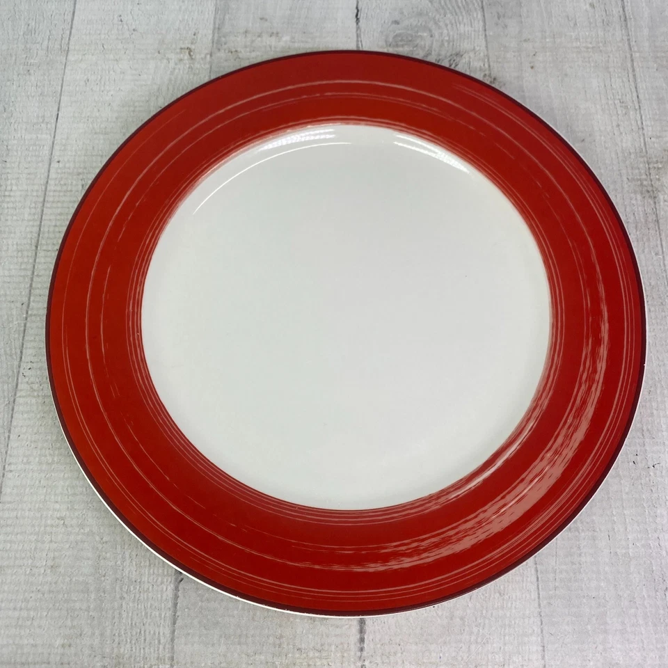 Juego de 4 platos de cena de gres Gorham Emeril JULIA STREET Lagassee banda roja bloques Foto 2 de 4