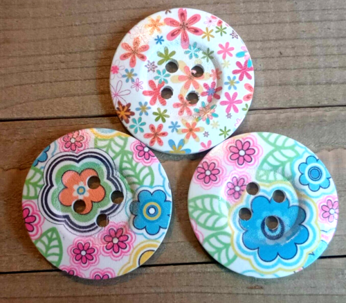 3 Flower Buttons Sewing Crafting Natural Wood 4 Hole 2"
