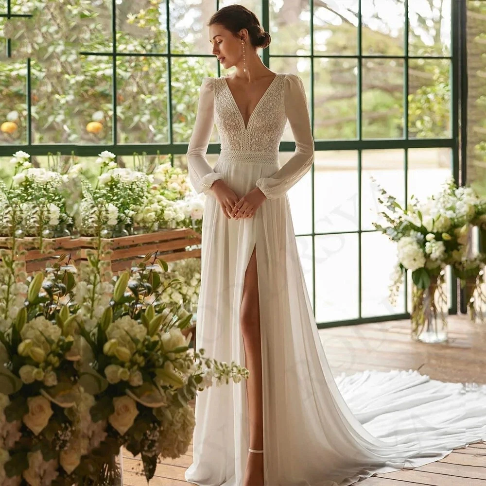 Chiffon V Neck A-Line Wedding Dresses for sale | eBay