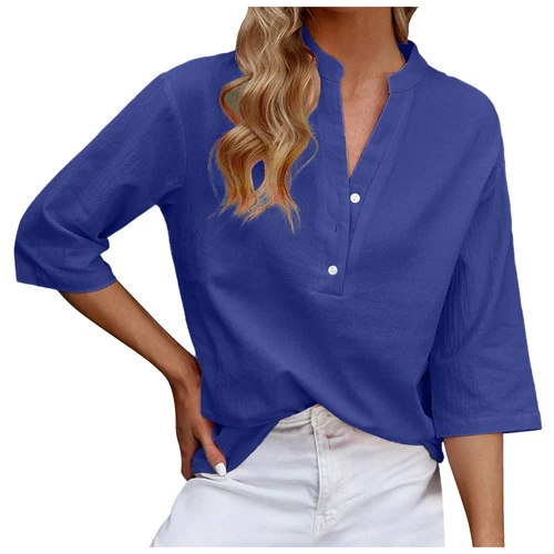 3/4 Sleeve Women's Top Casual Loose Round Neck T Shirt Cute Solid Color Long - Picture 5 of 42