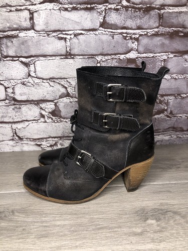 AllSaints Spitalfields Jacks Place Damenstiefel schwarz Leder Reißverschluss Absatzriemen 38 EU