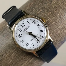 Acqua Timex Women Dress Black Leather Band Mechanical Wind 25mm Watch 6 1/4"