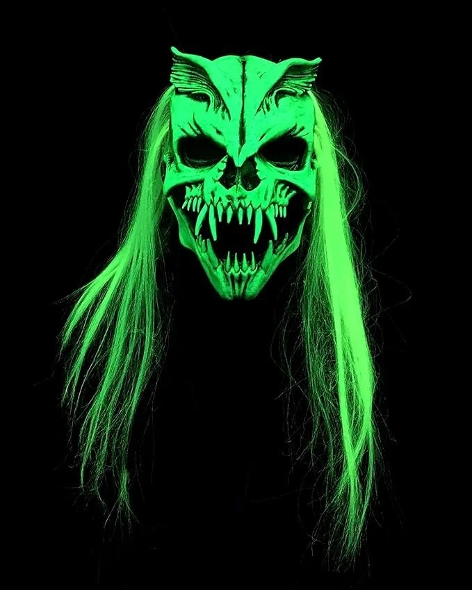Adult Neon Green Vampire Skeleton Mask Men`s Nuclear Option Glow Halloween Mask - Image 2 of 4