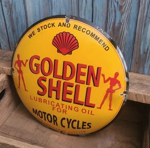 Vintage Golden Shell Motorcycle Lube Oil Porcelain Metal Sign