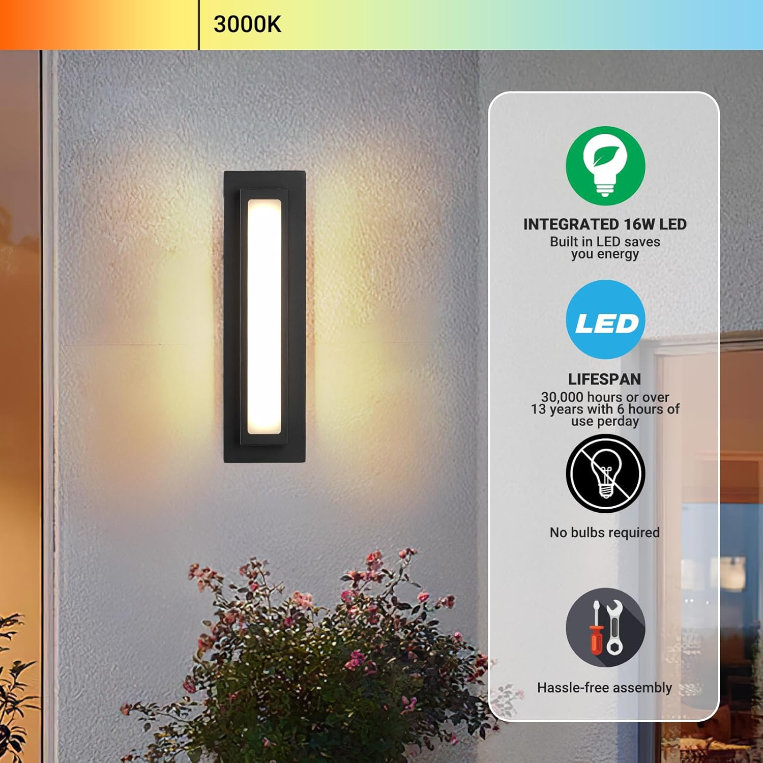 Modern LED Outdoor Wall Sconce, 16W 3000K Black Geometric Exterior Light Fixture