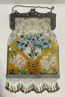 Amia Studios Denver CO Hand-Painted Stained Glass Purse Sun catcher Fringe/Beads