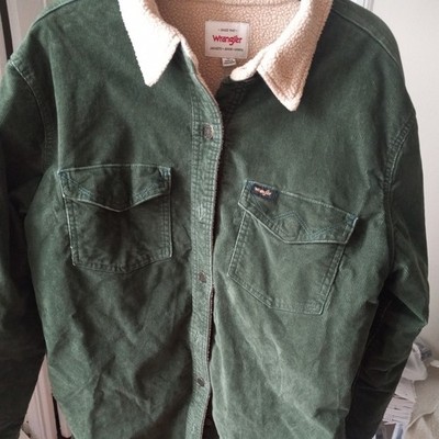 Men's Vintage Faded Wrangler Sherpa Lined Green Corduroy Trucker Jacket, Medium