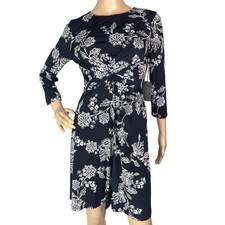 Vince Camuto Ladies Floral A-Line Dress Navy Sz 10 Print 3/4 Sleeve Office Work
