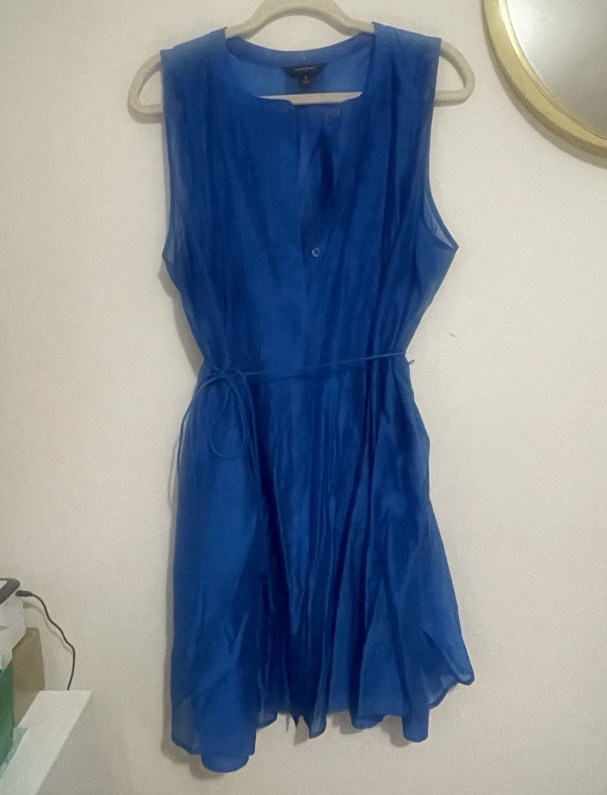 Blue Chiffon Mini Dress V-Neck Sleeveless Tie Waist Button Closure L