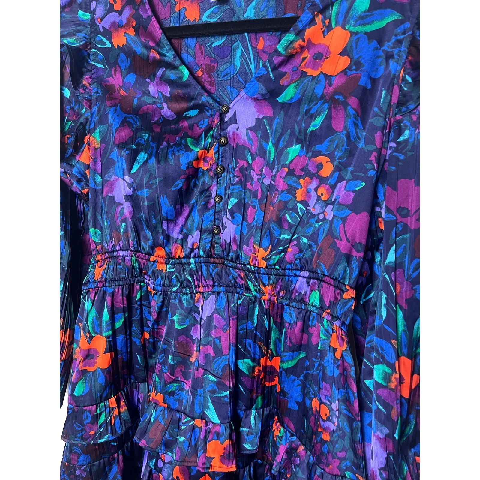 VETEMENTS Mini Abito The Pioneer Donna Blu Manica Lunga Boho Floloreale Balza Taglia S
