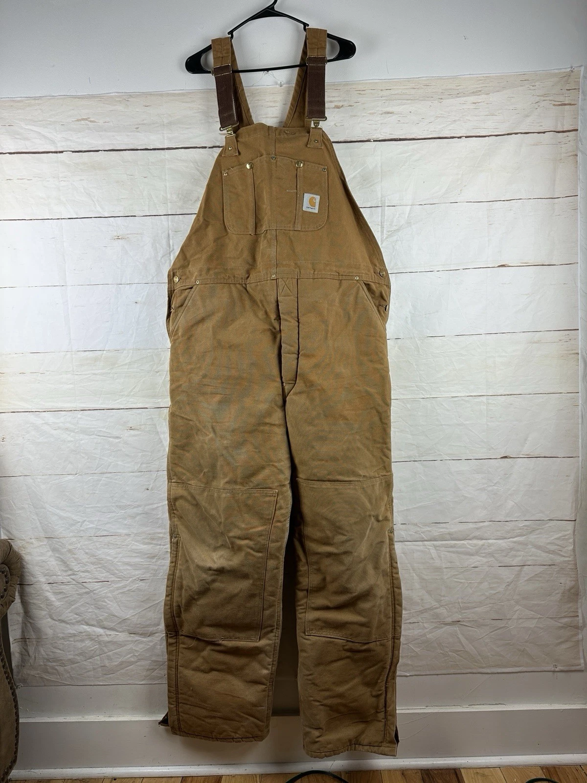 VTG Men’s 46x32 Carhartt R02 Duck Insulated Distressed Bib Overalls Double Knee