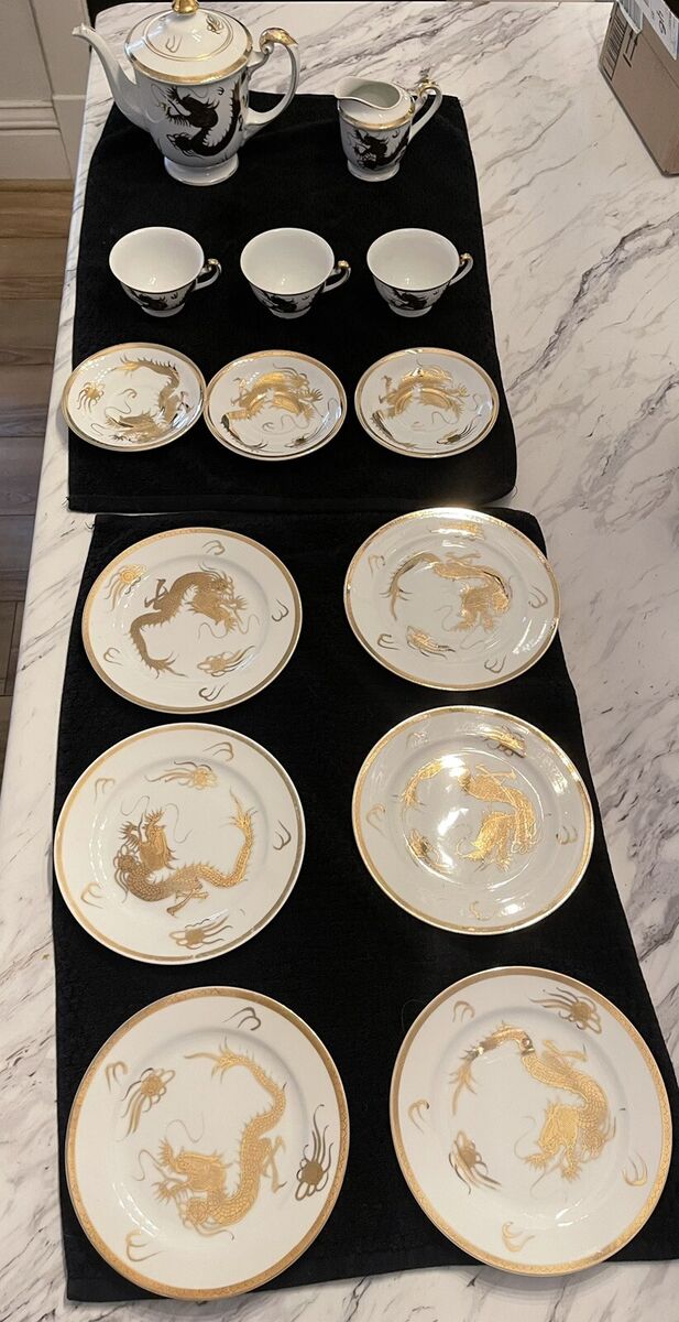 RARE 1950's Hayasi GOLD DRAGON China Hand Painted Teapot, Cups Plates Set Japan RARE 1950's Hayasi GOLD DRAGON China Hand Painted Teapot, Cups Plates Set Japan