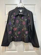S.L.B. 100 Silk Vintage Blazer Size 14 Floral Embroidered Sequins Y2K Shimmer