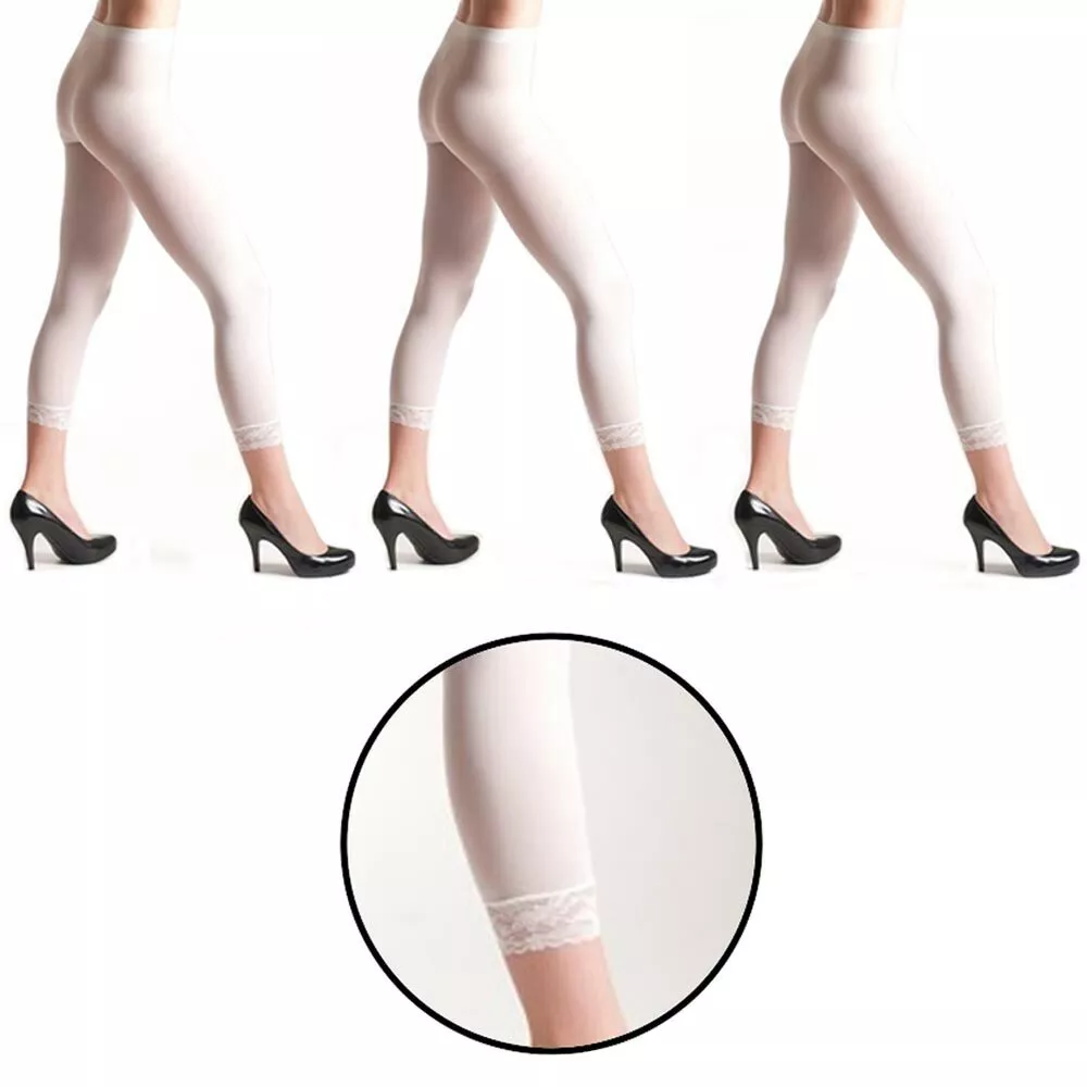 3PC Women Footless Capri Tights Lace Trim Soft Ladies White Opaque Slim One  Size