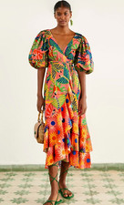 FARM RIO Coral Mixed Graphic Macaws Puff Sleeve Midi Dress $250 - SMALL