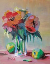 Original acrylic / canvas painting* 9.5 x 12 in*Flowers and apples, signed