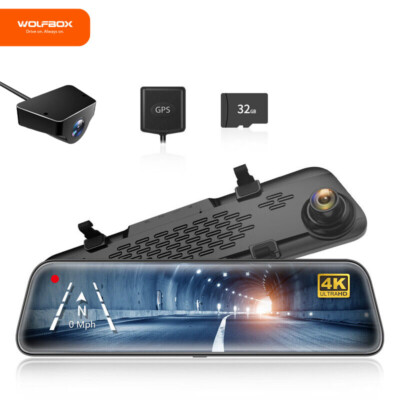 WOLFBOX 12'' 4K Dash Cam Mirror WDR Backup Camera 2160P Full HD Free SD & GPS
