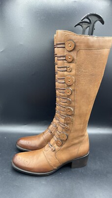 NEW DUNE Pixie D Button Detail Knee High Heel Shoe Brown Leather Boot Size  36 UK