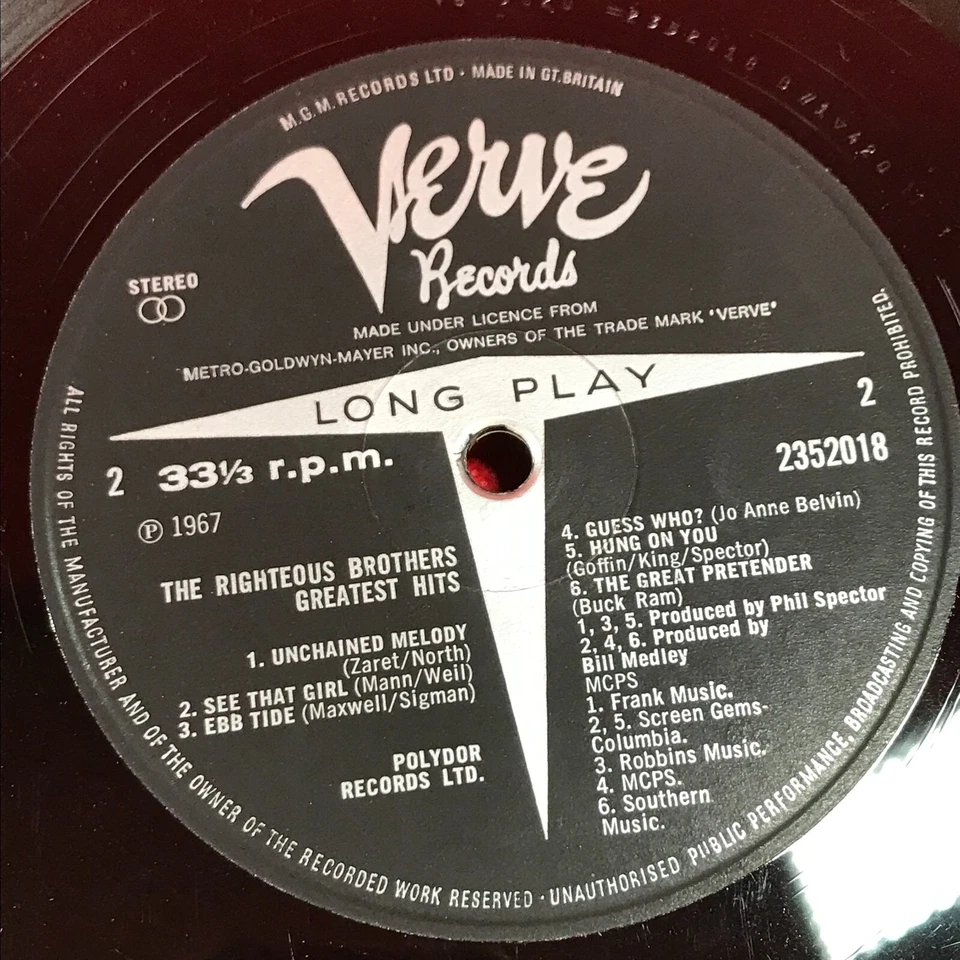 THE RIGHTEOUS BROTHERS Greatest Hits 1967 UK vinyl LP best of Unchained Melody - Image 3 of 4