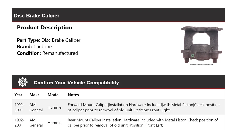 Pinza de freno de disco Cardone para 1992-2001 AM General Hummer 1993 1994 1995 1996 Foto 2 de 4
