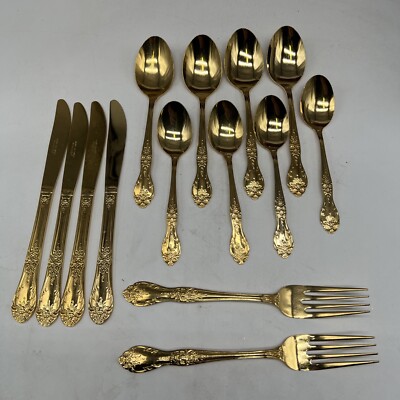 14 PC Rogers Gold Plated Stainless Flatware Enchanted Rose Floral Scroll