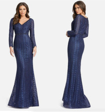 MAC DUGGAL 20271 EMBROIDERED LONG SLEEVE V-NECK TRUMPET MIDNIGHT NAVY GOWN sz 20