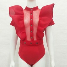 Lady Ruffle Sheer Net Bodysuit Romper Mesh Short Sleeve Gothic Leotard Swimmsuit