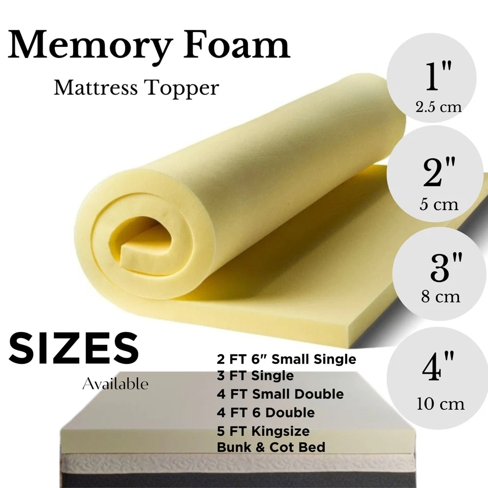 Memory Foam Mattress Topper 1", 2", 3", 4" Depth Orthopaedic Mattress All Sizes