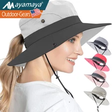 Women's Summer Bucket Hat Boonie Ponytail Wide Brim Sun UV Protection Travel Cap