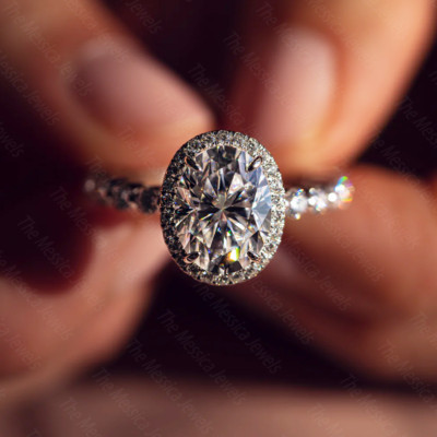 2.46 TCW Oval Cut Moissanite Halo Engagement Ring In 14k White Gold Plated