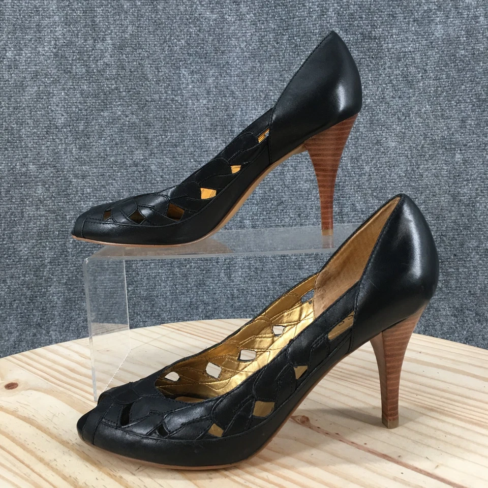 Guess Cone High Heels Womens 7.5 M Tula Peep Toe Pumps Black Leather Slip On - Image 2 of 4