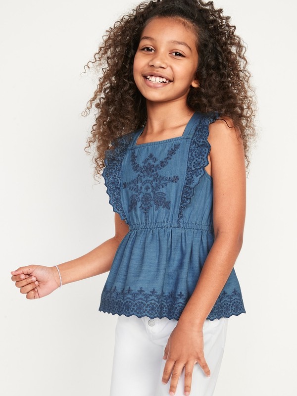 Sleeveless Chambray Embroidered Ruffled Apron-Style Top for Girls size XL(14/16)