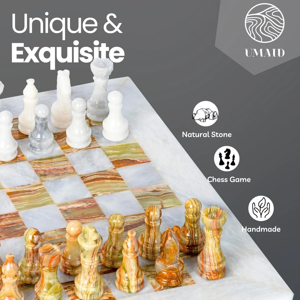 Juego de ajedrez UMAID hecho a mano de ónix verde 14" mármol premium + caja de regalo de terciopelo Foto 4 de 4