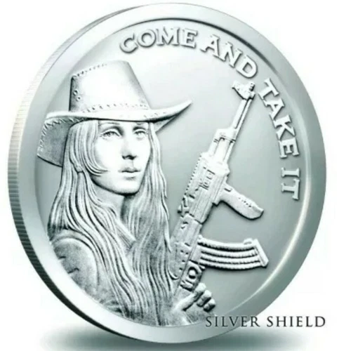 5 OZ .999 PURE SILVER SHIELD PROOF 2018 COME AND TAKE IT ROUND COIN GIRL COA BOX