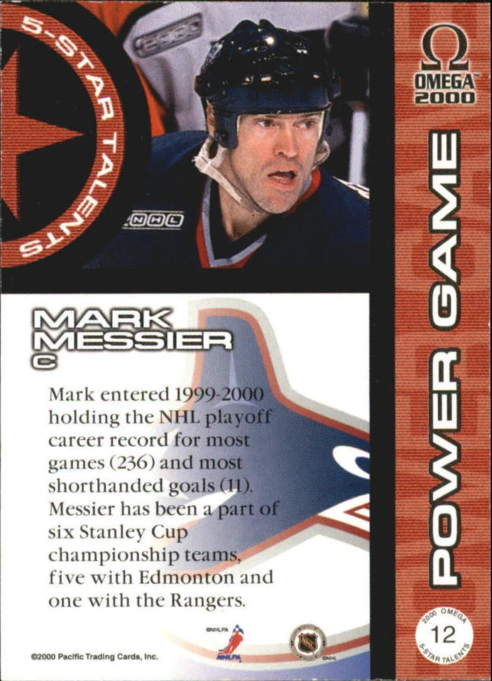 1999-00 Pacific Omega 5 Star Talents #12 Mark Messier - NM-MT - Image 2 of 2