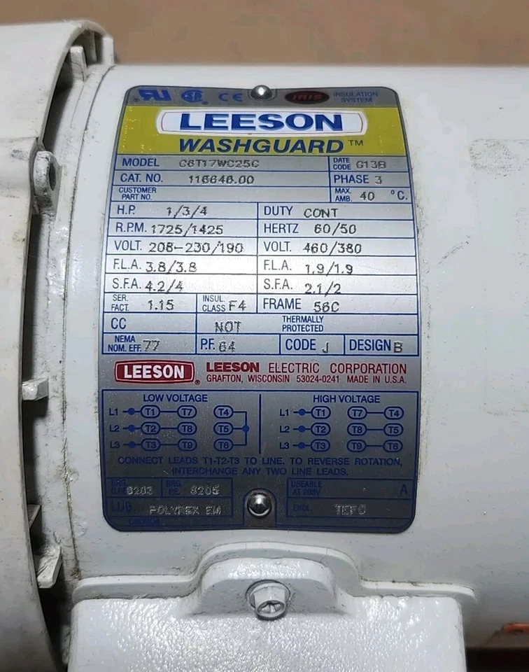 *PREOWNED* Leeson Electric C6T17WC25C Washguard Motor 1/3/4Hp 460V + Warranty! - Image 2 of 4