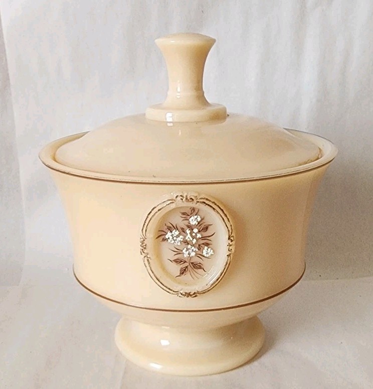 Westmoreland Hand-Painted Almond Glass Cameo Beaded Dresser Jar