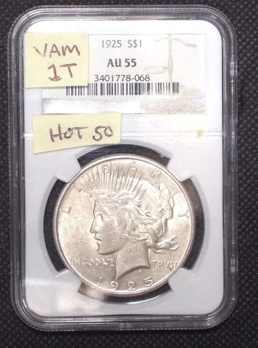 1925 Peace Dollar PCGS AU 55 VAM-1T Top 50 Shrtnd Mssng Rev Rays I-4 R-6 #8-068