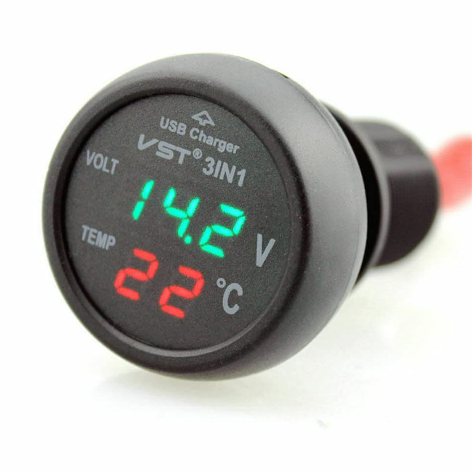 Car Voltmeter 3 in 1 12V/24V Car USB Charger Thermometer Display Voltage