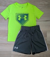 Under Armour T-shirt Shorts Set Baseball Plate Green Grey Boys Size 4 EUC