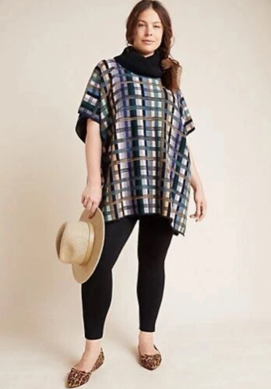 Anthropologie Aldomartins Gracie Plaid XS Turtleneck Oversized Poncho Sweater