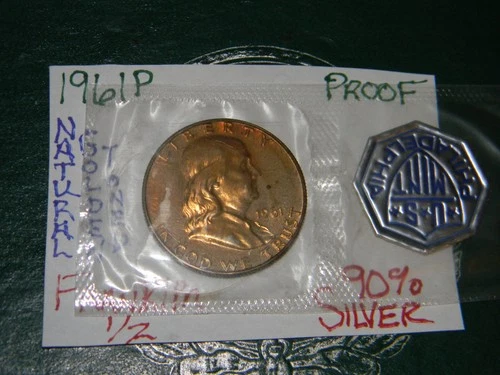 1961 P 50c [PROOF] Franklin 90% Silver Half Dollar BU-GOLDEN TONED!!