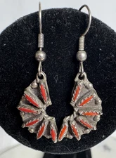 Zuni Native Sterling Silver W Needlepoint Red Coral Earrings, French Wire VTG
